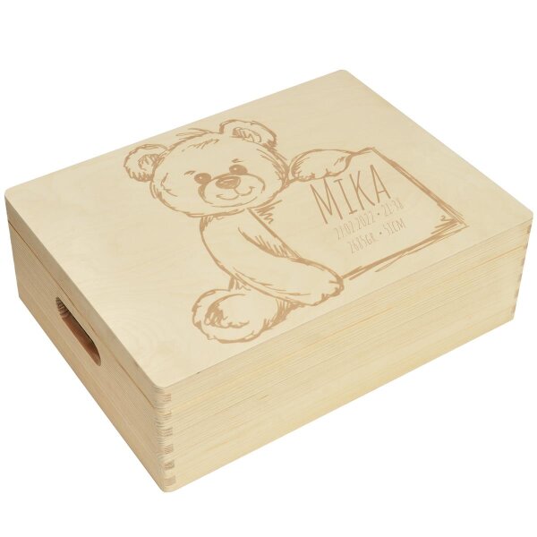 CHICCIE Erinnerungsbox personalisiert f&uuml;r Baby &amp; Kind mit Gravur Teddy - Geburt Holzkiste f&uuml;r sch&ouml;ne Erinnerungen - Holz-Box Erinnerungskiste 40x30x14cm