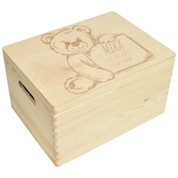 CHICCIE Erinnerungsbox personalisiert f&uuml;r Baby &amp; Kind mit Gravur Teddy - Geburt Holzkiste f&uuml;r sch&ouml;ne Erinnerungen - Holz-Box Erinnerungskiste 40x30x23cm