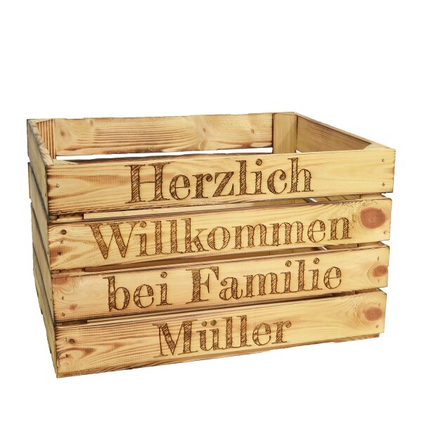 CHICCIE Geflammte Holzkiste 50x40x30cm mit Gravur - Obstkiste Weinkiste Kiste