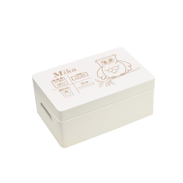 CHICCIE Holzbox Personalisiert zur Geburt Eule 30x20cm Aufbewahrungsbox Wei&szlig;