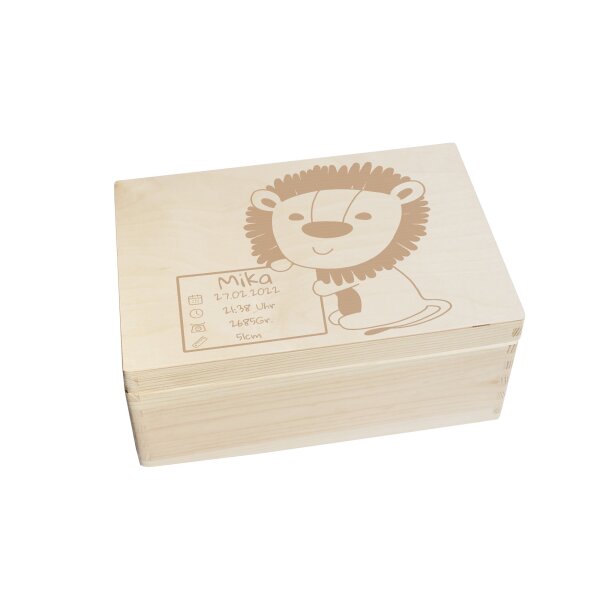 Erinnerungsbox personalisiert f&uuml;r Baby &amp; Kind mit Gravur L&ouml;we - Geburt Holzkiste f&uuml;r sch&ouml;ne Erinnerungen - Holz-Box Erinnerungskiste