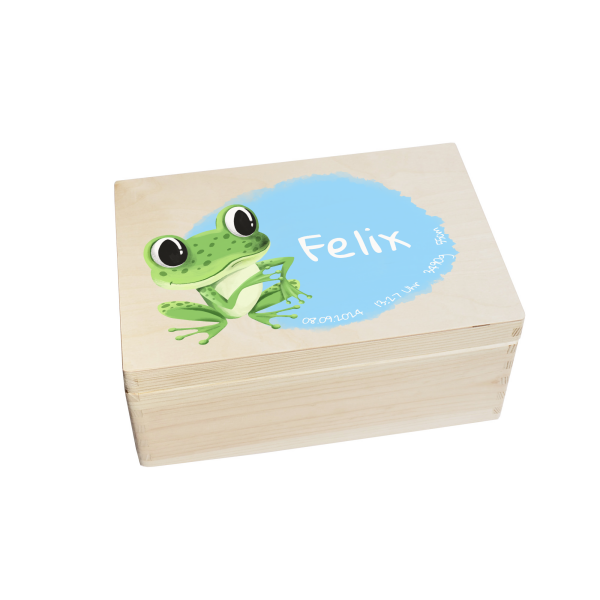 CHICCIE Erinnerungsbox personalisiert f&uuml;r Baby &amp; Kind mit Aquarell Druck farbig Frosch - Geburt Holzkiste f&uuml;r sch&ouml;ne Erinnerungen - Holz-Box Erinnerungskiste