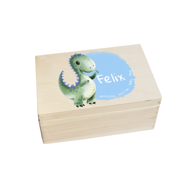 CHICCIE Erinnerungsbox personalisiert f&uuml;r Baby &amp; Kind mit Aquarell Druck farbig Dino - Geburt Holzkiste f&uuml;r sch&ouml;ne Erinnerungen - Holz-Box Erinnerungskiste