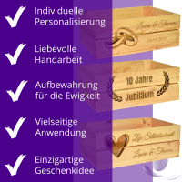 CHICCIE Holzkiste Personalisiert mit Wunschtext f&uuml;r jeden Anlass - Gravierte Erinnerungskiste Geburtstag Rente Abschied Hochzeit Geburt