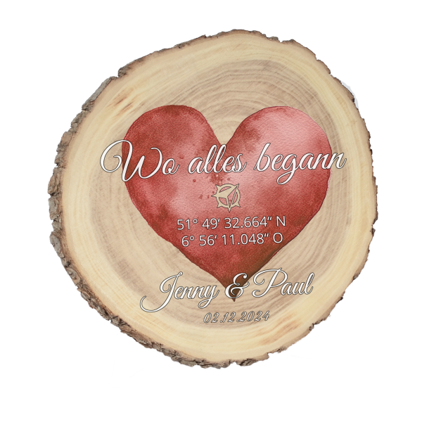 CHICCIE Personalisierte Baumscheibe Farbiger Herzdruck mit Koordinaten 18cm versch Farben Holzscheibe Geschenkidee Valentinstag Hochzeit Jahrestag