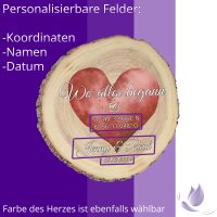 CHICCIE Personalisierte Baumscheibe Farbiger Herzdruck mit Koordinaten 18cm versch Farben Holzscheibe Geschenkidee Valentinstag Hochzeit Jahrestag