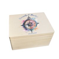 CHICCIE Erinnerungsbox personalisiert zur Hochzeit mit Druck farbig Kompass Regenbogen Aquarell - Hochzeitstag Holzkiste f&uuml;r sch&ouml;ne Erinnerungen - Holz-Box Erinnerungskiste