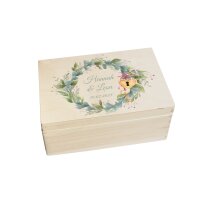 CHICCIE Erinnerungsbox personalisiert zur Hochzeit mit Druck farbig Kranz Blumen Gr&uuml;n Schloss &amp; Schl&uuml;ssel - Hochzeitstag Holzkiste Erinnerungen Erinnerungskiste