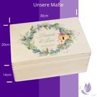 CHICCIE Erinnerungsbox personalisiert zur Hochzeit mit Druck farbig Kranz Blumen Gr&uuml;n Schloss &amp; Schl&uuml;ssel - Hochzeitstag Holzkiste Erinnerungen Erinnerungskiste