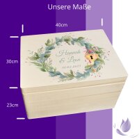 CHICCIE Erinnerungsbox personalisiert zur Hochzeit mit Druck farbig Kranz Blumen Gr&uuml;n Schloss &amp; Schl&uuml;ssel - Hochzeitstag Holzkiste Erinnerungen Erinnerungskiste