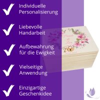 CHICCIE Erinnerungsbox personalisiert zur Hochzeit mit Druck farbig Kranz Blumen Pink Schloss &amp; Schl&uuml;ssel - Hochzeitstag Holzkiste Erinnerungen Erinnerungskiste