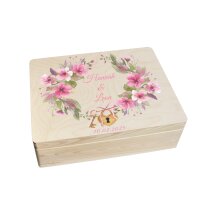 CHICCIE Erinnerungsbox personalisiert zur Hochzeit mit Druck farbig Kranz Blumen Pink Schloss &amp; Schl&uuml;ssel - Hochzeitstag Holzkiste Erinnerungen Erinnerungskiste