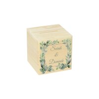 CHICCIE Spardose aus Holz Personalisiert zur Hochzeit Eukalyptus Kranz Aquarell Druck 10x10cm - Hochzeitsgeschenk Geldgeschenk Verlobung