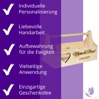 CHICCIE Geschenkkorb zur Hochzeit Personalisierbar mit Herz Namen Datum 34x18x20cm - Natur Holzkiste Geschenkidee Pr&auml;sentkorb Hochzeitsgeschenk