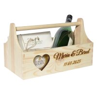 CHICCIE Geschenkkorb zur Hochzeit Personalisierbar mit 3D Herz Namen Datum 34x18x20cm - Natur Holzkiste Geschenkidee Pr&auml;sentkorb Hochzeitsgeschenk
