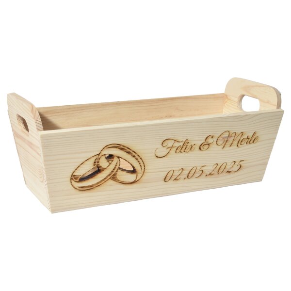 CHICCIE Geschenkkorb mit Henkeln Personalisierbar Wunschtext mit Ringen 35x11x13cm Pr&auml;sentkorb Holz Geschenkidee Holzkiste Hochzeit Verlobung Personalisierung