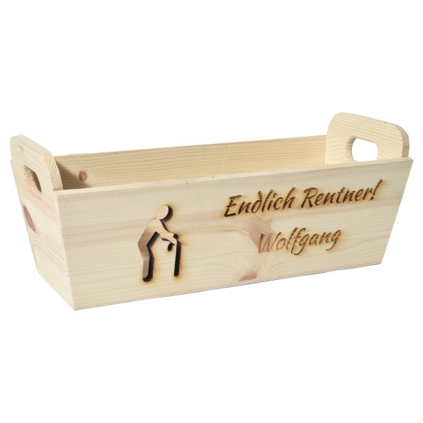 CHICCIE Geschenkkorb mit Henkeln Personalisierbar Wunschtext zum Ruhestand 35x11x13cm Pr&auml;sentkorb Holz Geschenkidee Holzkiste Geburtstag Personalisierung