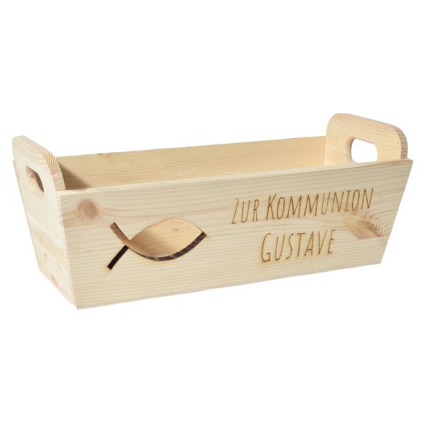 CHICCIE Geschenkkorb mit Henkeln Personalisierbar Wunschtext mit Fisch 35x11x13cm Pr&auml;sentkorb Holz Geschenkidee Holzkiste Taufe Kommunion Konfirmation