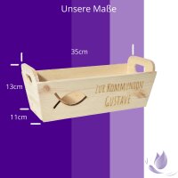 CHICCIE Geschenkkorb mit Henkeln Personalisierbar Wunschtext mit Fisch 35x11x13cm Pr&auml;sentkorb Holz Geschenkidee Holzkiste Taufe Kommunion Konfirmation