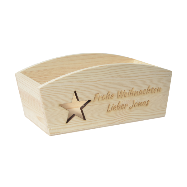 CHICCIE Geschenkkorb Personalisierbar Stern Wunschtext 24x13x8cm Abgerundet Pr&auml;sentkorb Holz Geschenkidee Holzkiste Weihnachten Weihnachtsstern Adventskalender