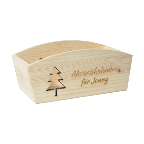 CHICCIE Geschenkkorb Personalisierbar Tanne Wunschtext 24x13x8cm Abgerundet Pr&auml;sentkorb Holz Geschenkidee Holzkiste Weihnachten Weihnachtsbaum Adventskalender