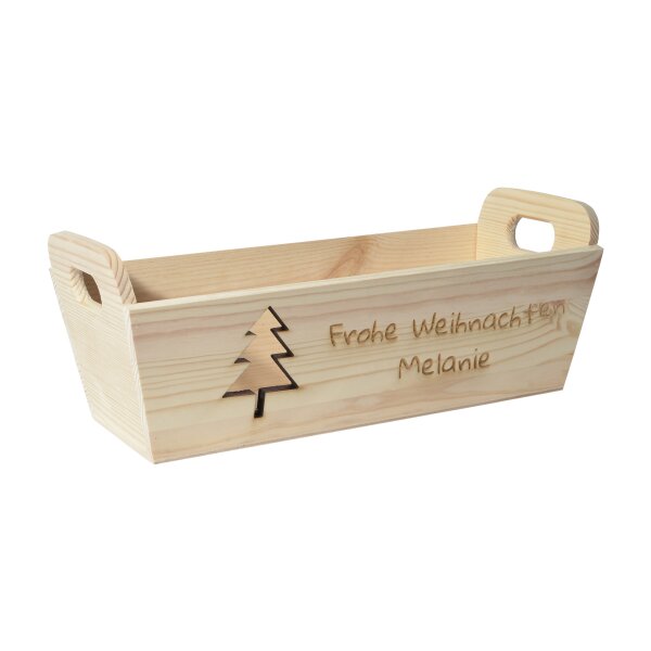 CHICCIE Geschenkkorb mit Henkeln Personalisierbar Tanne Wunschtext 35x11x13cm Pr&auml;sentkorb Holz Geschenkidee Holzkiste Weihnachten Weihnachtsstern Adventskalender Nikolaus