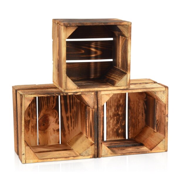 CHICCIE 3 Set Geflammte Obstkisten - 22x20x15cm Holzkisten Weinkisten Apfelkisten