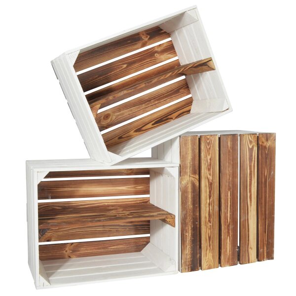 CHICCIE 3 Set Holzkiste Grete Geflammt Wei&szlig; 50x40x30cm - Langes Regal Weinkiste