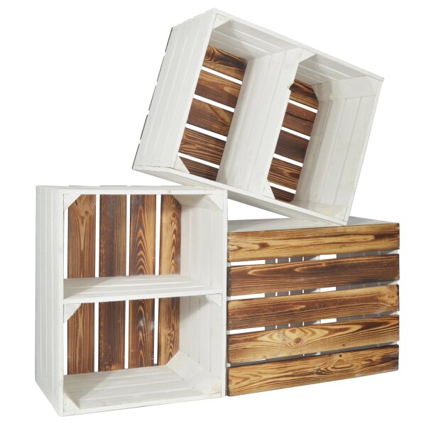CHICCIE 3 Set Holzkiste Grete Wei&szlig; Geflammt 50x40x30cm - Kurzes Regal Weinkiste